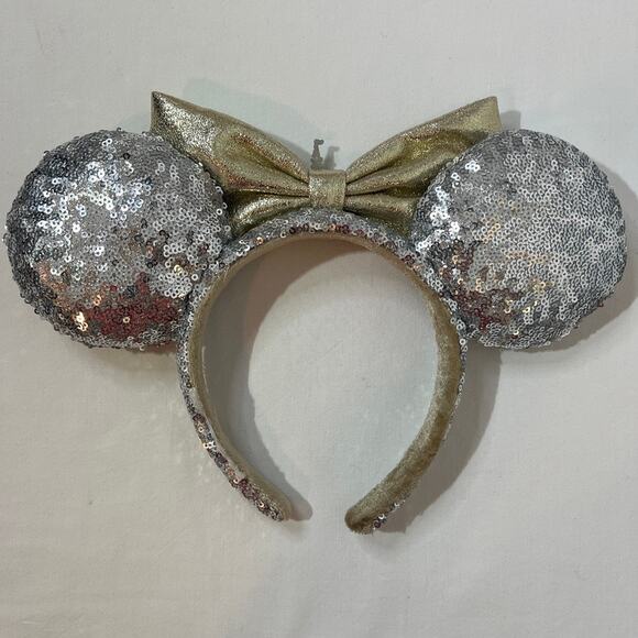 Disney Parks Minnie Ears Silver Sequins Headband with Gold Bow Diamond Castle‎ - Picture 3 of 13